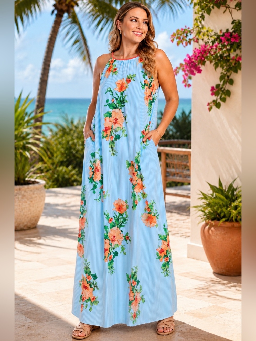 Be by Chetta B Blue Stripe Floral Maxi Dress Size 12 Fully Lined Resort Vacation